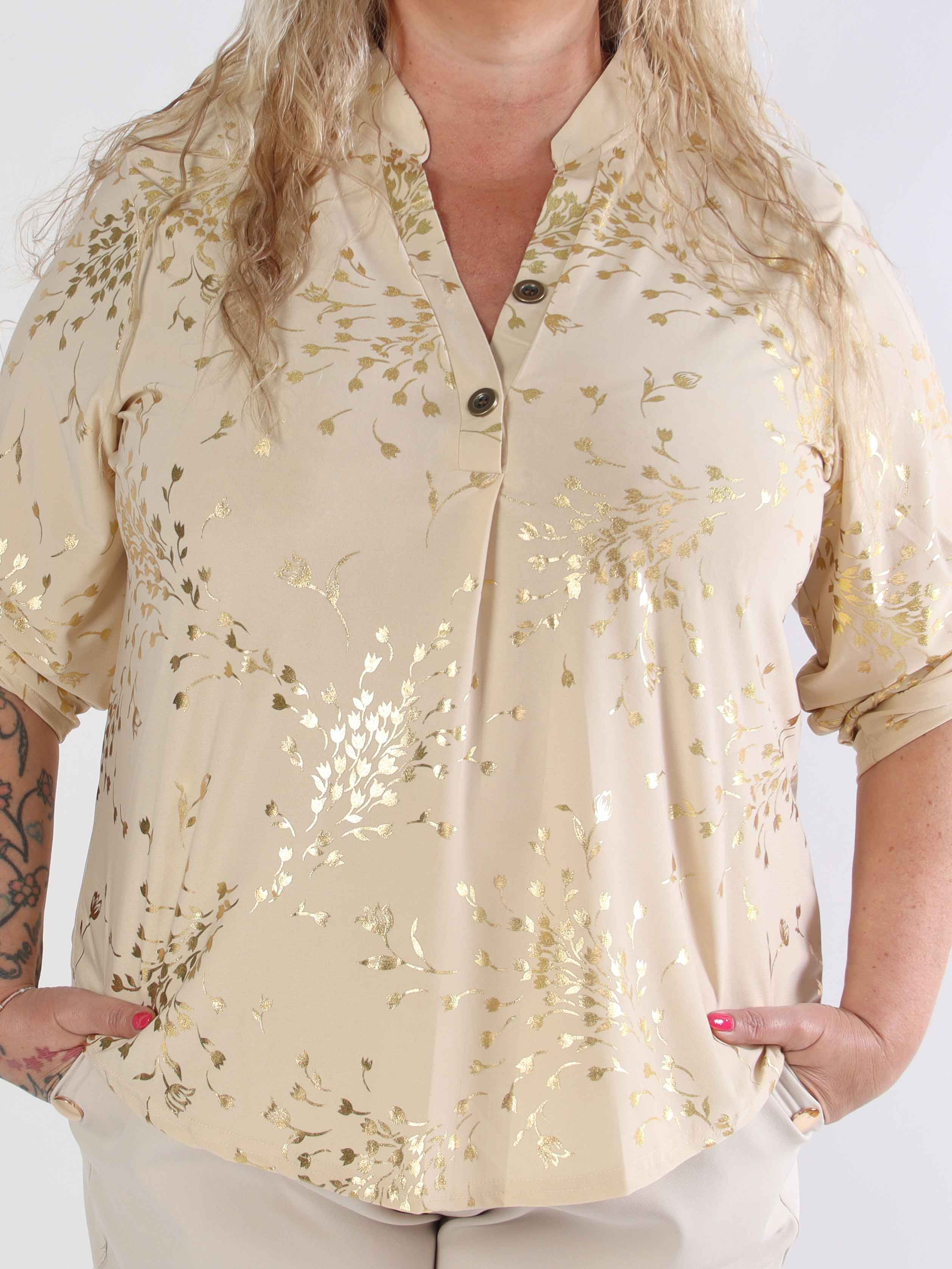 Ebba Gold Leaf Shirt - Elastisk plus size bluse mønstret med guld blade